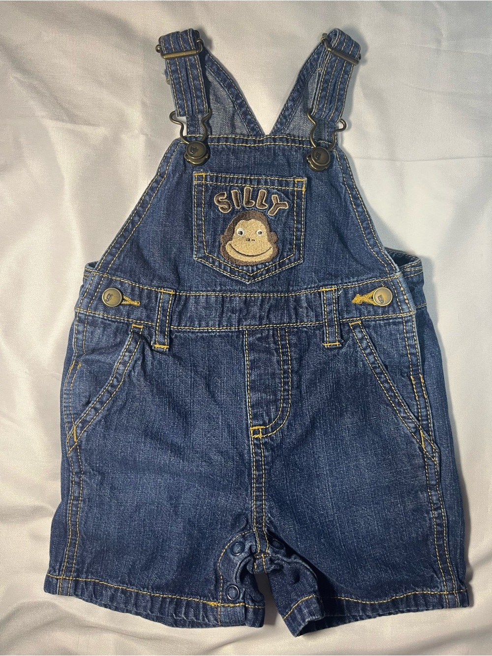 Gymboree Denim Shortalls Overalls 3-6M Silly Monkey Embroidered Baby Blue